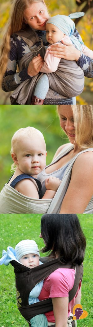 Types of baby carriers – ring sling, baby wrap, soft structured carrier.